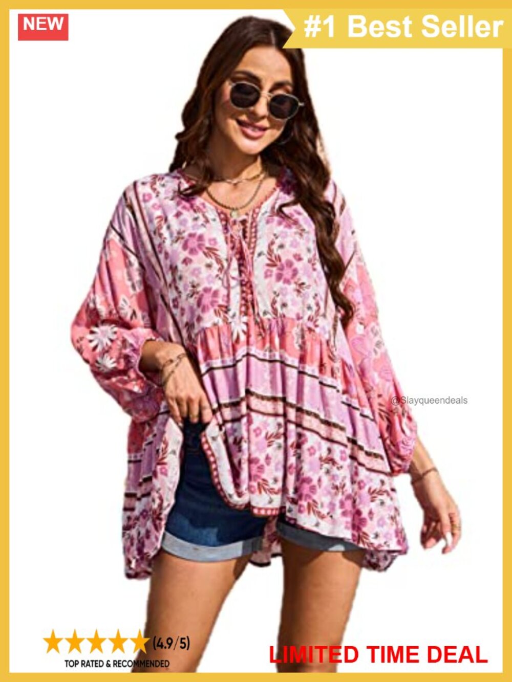 Boho Floral V-Neck Tunic Blouse 3/4 Sleeve Rayon